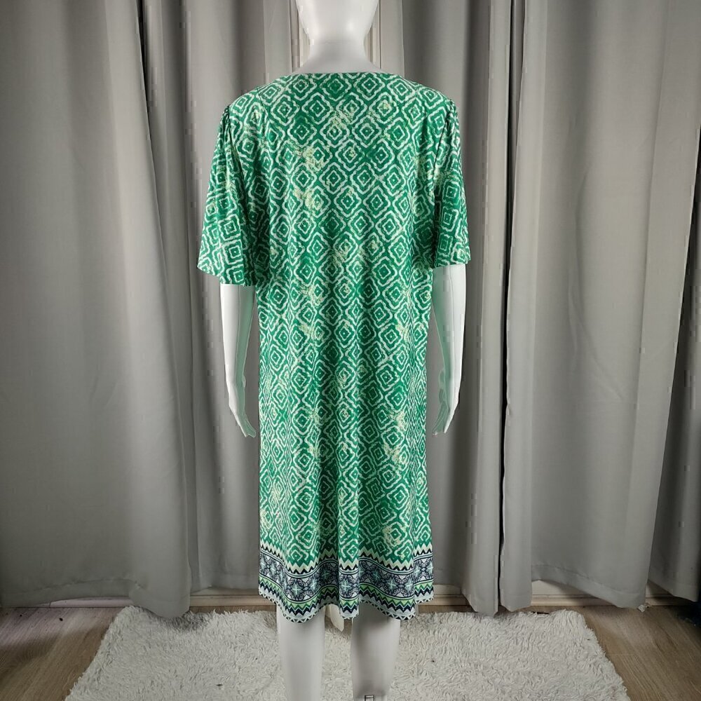 Kim Rogers Green White Geometric Sheath Midi Dress Stretch Elbow Sleeve L - Picture 3 of 10